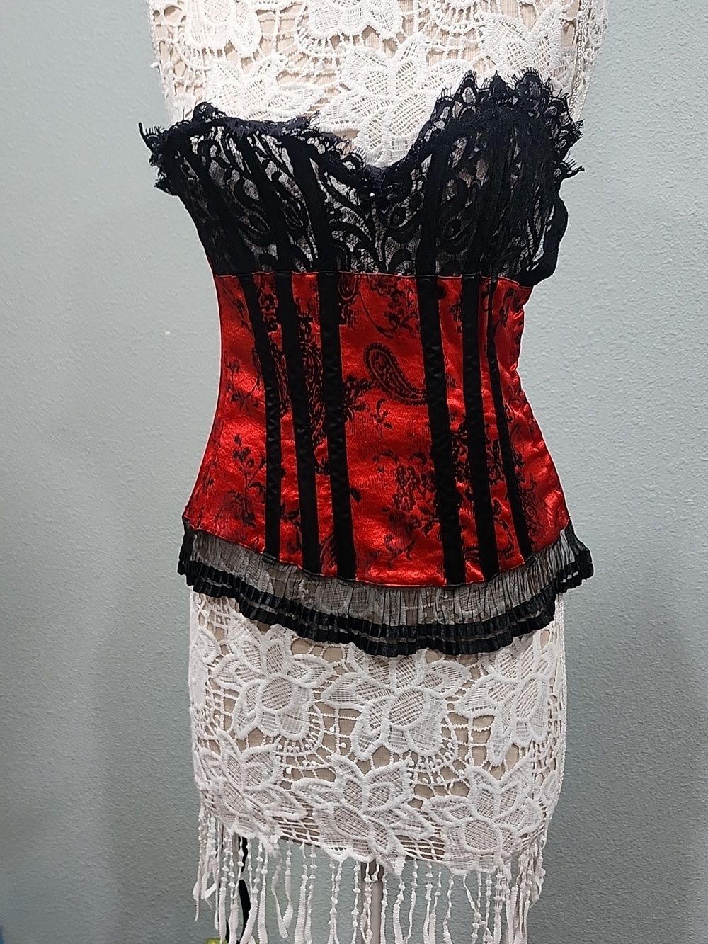 Shirley of hollwood red satin w/ black velvet paisley bustier, lace bustier 32